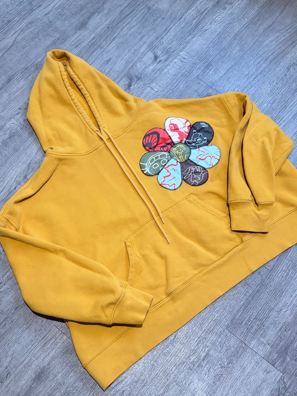 Disney Mustard‎ Yellow Pullover Hoodie with Colorful Patch Bambi Cropped